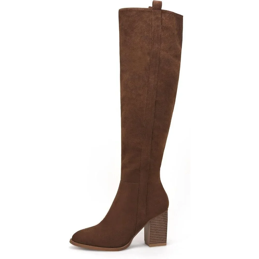 Womens Coffee Faux Suede Knee High Side Zipper Chunky Heel Stretch Winter Boots